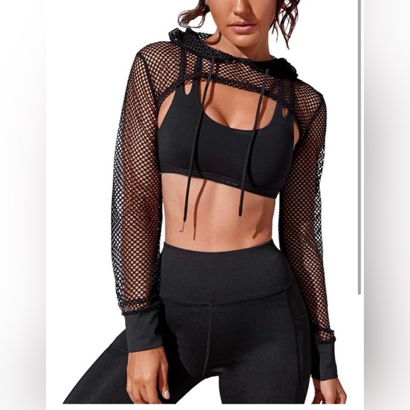 Tops - Black Mesh Long Sleeve Crop Top Hoody
